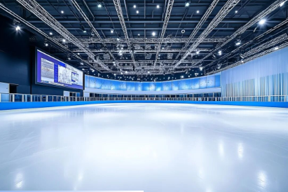 体育馆现代简约室内冰球场冰面灯光反射观众席大屏幕商业照片（商业使用）.jpg