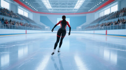 低机位跟随镜头，一个黑发女性运动员在冰场上滑冰，体育馆，观众，环形冰场，8K,最高画质，背影，黑红相间的运动服，立体，3d， (1)_upscayl_2x_ultrasharp 拷贝.jpg